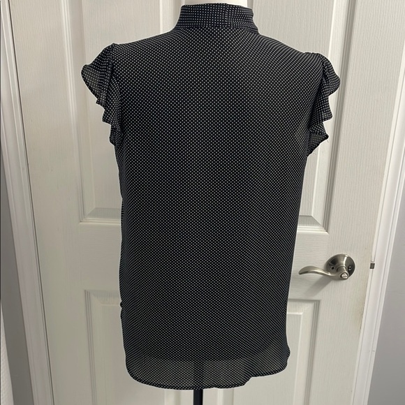 Counterparts Black & White Mini Polka Dot Blouse Tie Neck Flutter Sleeves Size S - Picture 7 of 10